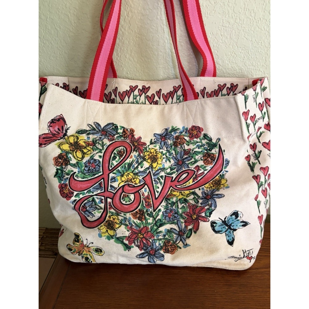 Brighton Love Tweet Canvas Large Tote Bag Birds Heart Butterflies Pink Shoulder - Picture 2 of 9